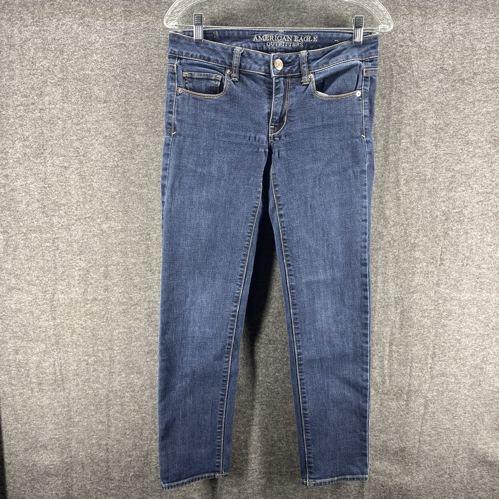 American Eagle Jeans Womens 2 Short Blue Low Rise Skinny Super Stretch Dark Wash